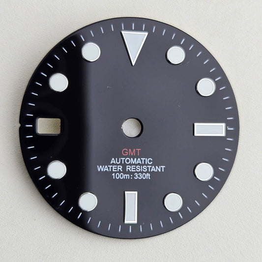 Black 28.5mm Blue Lume Watch Dial For NH36 Movement No Logo Red GMT