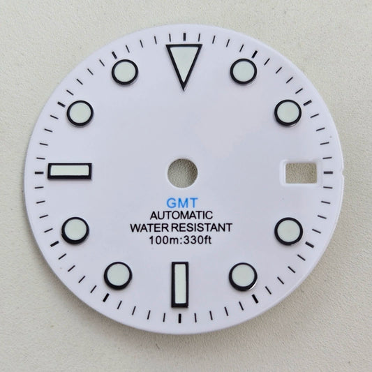 White 28.5mm Blue Lume Watch Dial For NH34 Movement No Logo Blue GMT