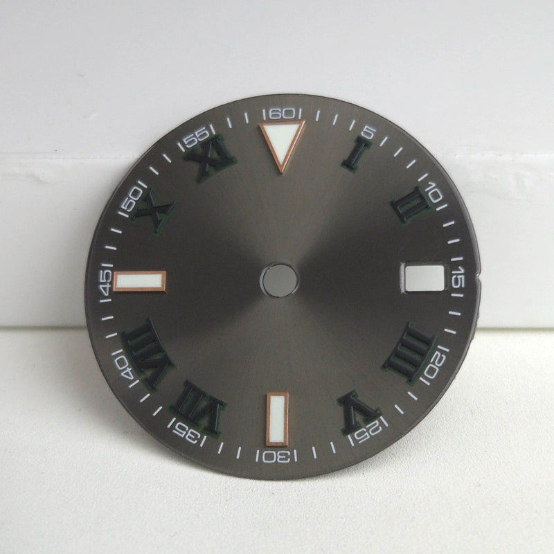 Rose Golden Nail Roman Font 29mm No Logo Grey Watch Dial For NH35 NH36 Green Lume