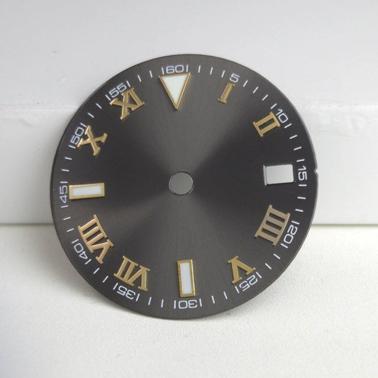 Grey Golden Nail Roman Font 29mm No Logo Watch Dial For NH35 NH36 Green Lume