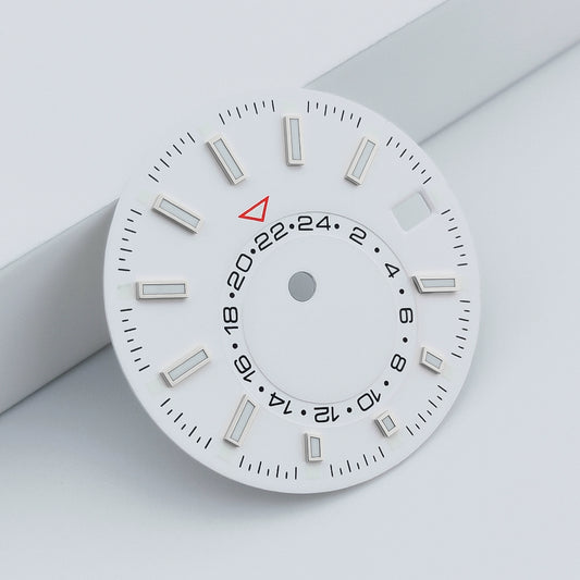 White 28.5mm Watch Dial For NH35 Movement Green Lume No Logo 24-Hour