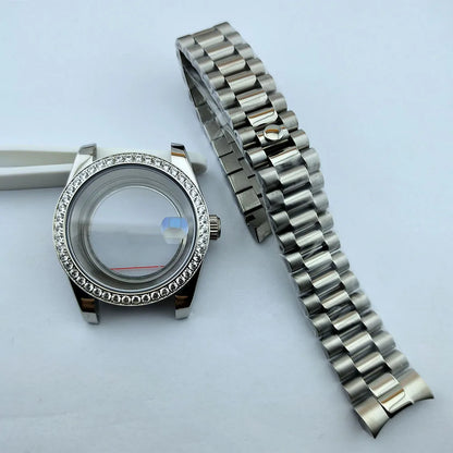 Diamond Decorated Steel Watch Case with Sapphire Glass Waterproof Fit NH35/NH36