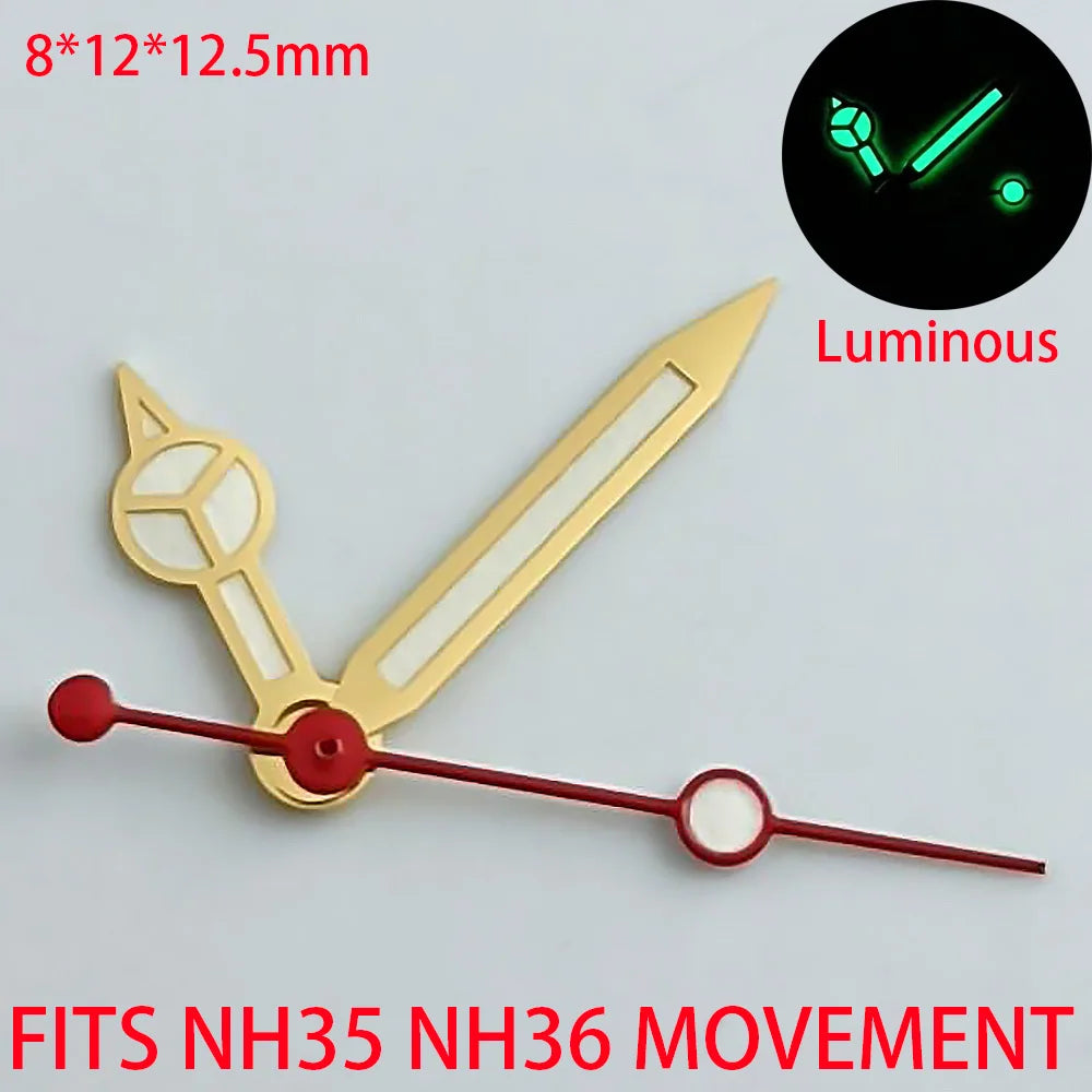 Blue-green luminous watch hands compatible with NH35, NH36, ETA 2836, 2824, Miyota 8205, 8215 movements.