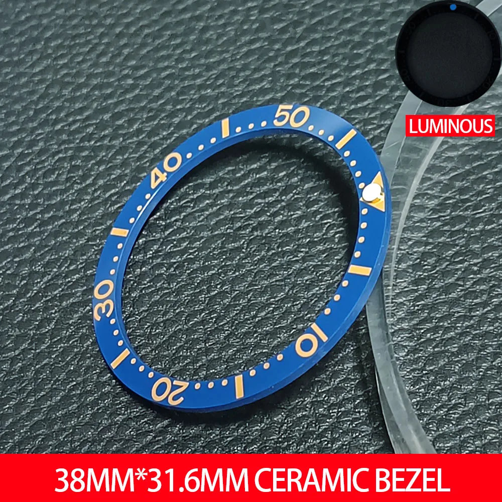 Flat ceramic bezel insert 38mm with luminous markers for precise watch accessory replacement.