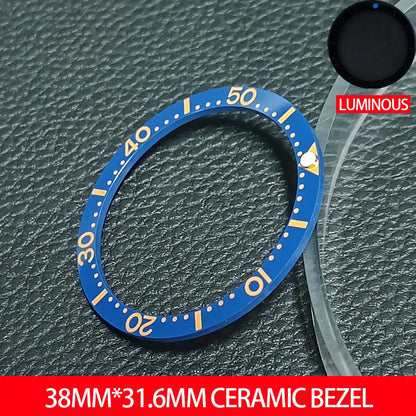 Flat ceramic bezel insert 38mm with luminous markers for precise watch accessory replacement.