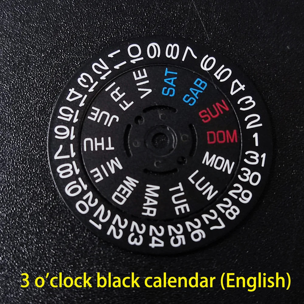 NH36 watch movement with hand-held calendar date disc wheel and day match features.