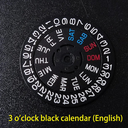 NH36 watch movement with hand-held calendar date disc wheel and day match features.