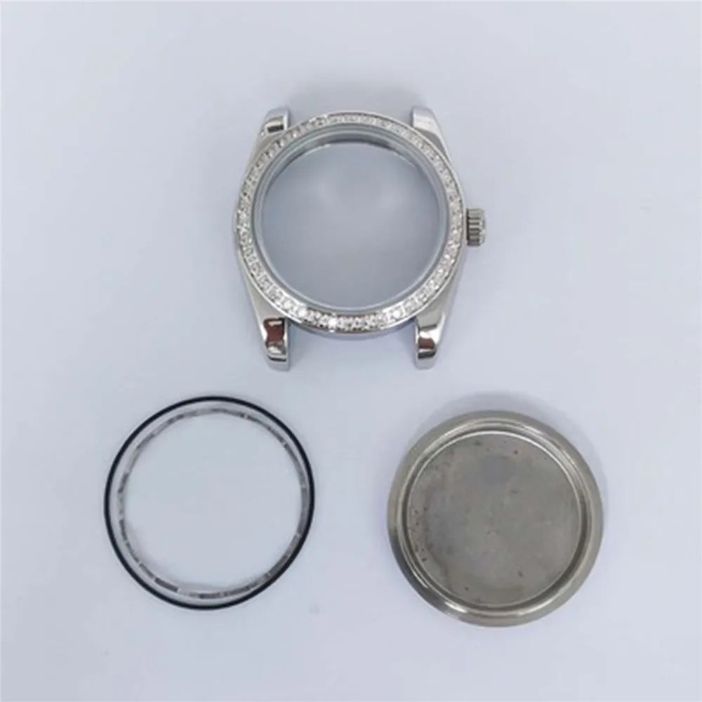 36mm Diamond Steel Watch Case for NH35 NH36 Sapphire Crystal Solid Bottom  Bezel