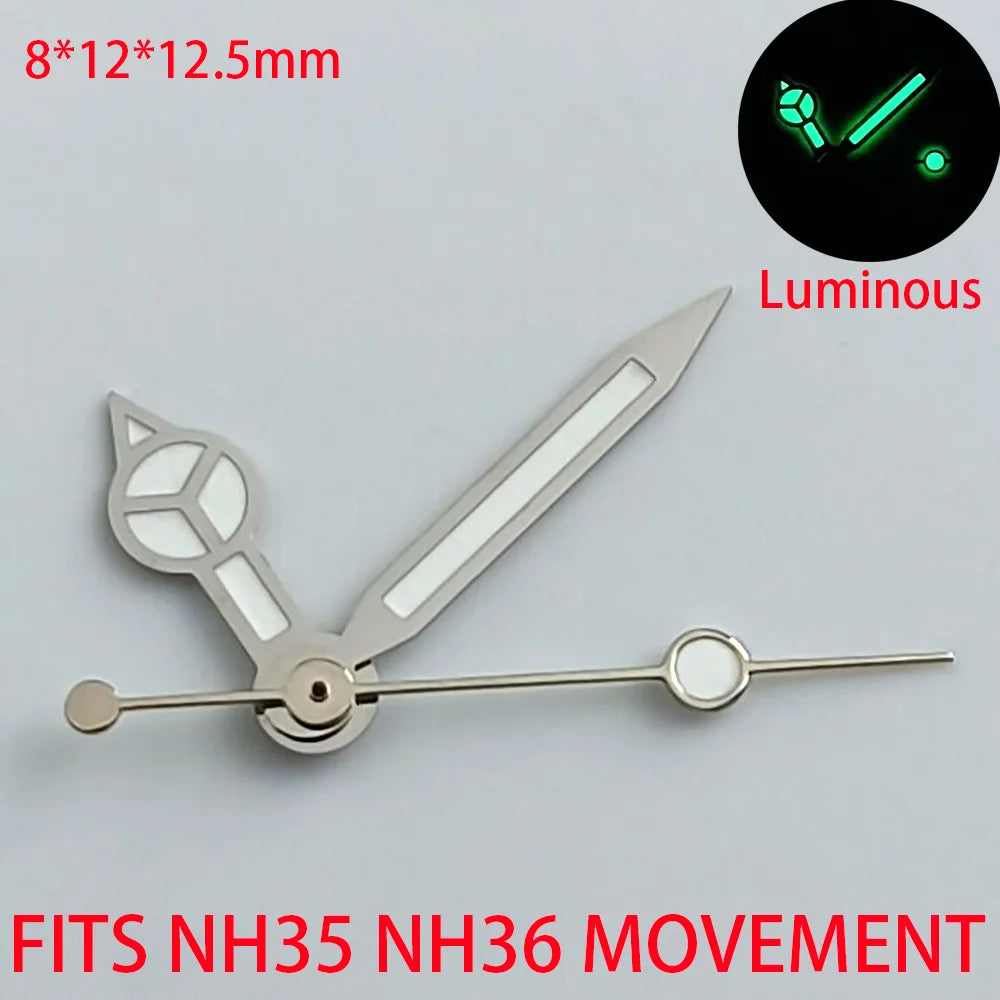 Pointer watch hands in green and blue with Super Luminous finish, compatible with NH 35 NH36 movements by Pointer.
