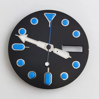 Plane sapphire glass watch case with ceramic bezel, stainless steel, fits NH35/NH36 movement, waterproof design.