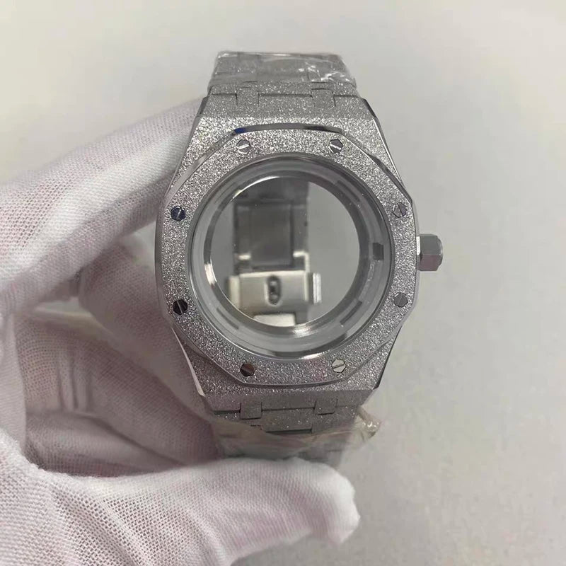 41mm Silver Sapphire Watch Case+Strap Shining Star Sanding For NH35/36/4R/7S