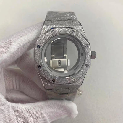 41mm Silver Sapphire Watch Case+Strap Shining Star Sanding For NH35/36/4R/7S