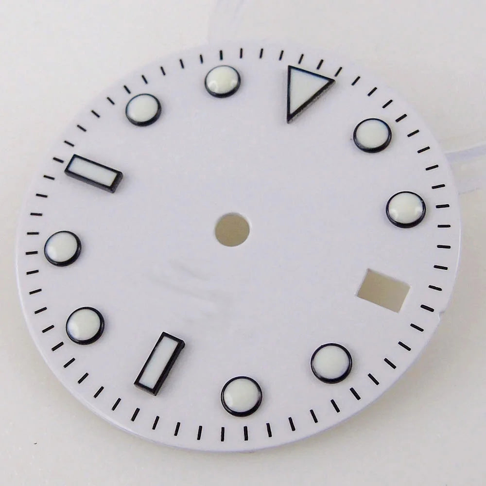 Nologo Sterile 29mm white NH34A watch dial for diver GMT mod, black edge markers, orange hands.