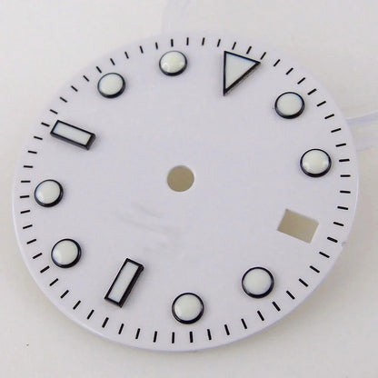 Nologo Sterile 29mm white NH34A watch dial for diver GMT mod, black edge markers, orange hands.