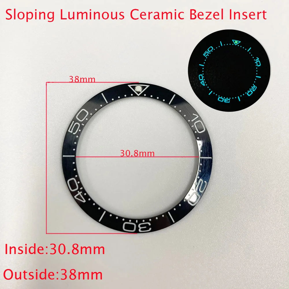Sloping ceramic bezel insert 38x30.8mm for divers watches, super luminous, durable replacement part.