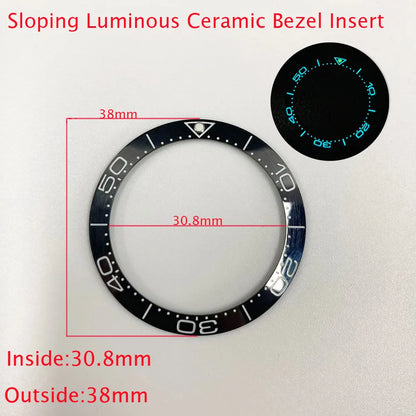 Sloping ceramic bezel insert 38x30.8mm for divers watches, super luminous, durable replacement part.