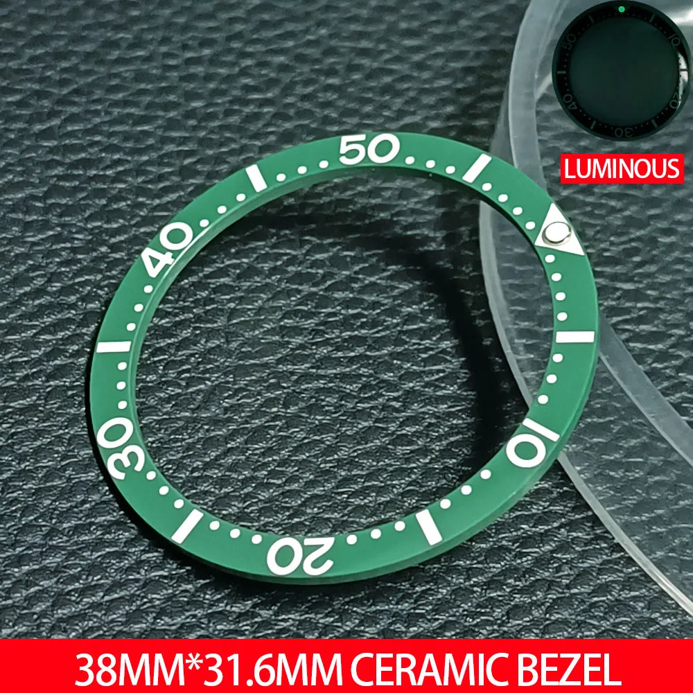 Flat ceramic bezel insert 38mm with luminous markers for precise watch accessory replacement.