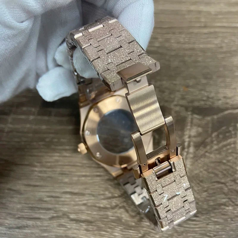 41mm RoseGold Case+Strap Shining Star Sanding Sapphire Crystal For NH35/36/4R/7S