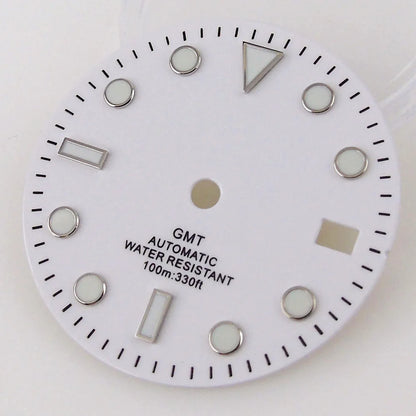 Nologo Sterile 29mm white NH34A watch dial for diver GMT mod, black edge markers, orange hands.