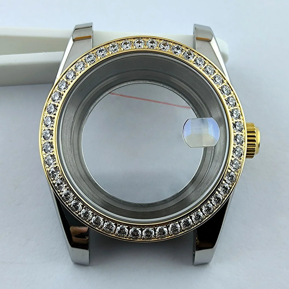 Diamond Decorated Steel Watch Case with Sapphire Glass Waterproof Fit NH35/NH36