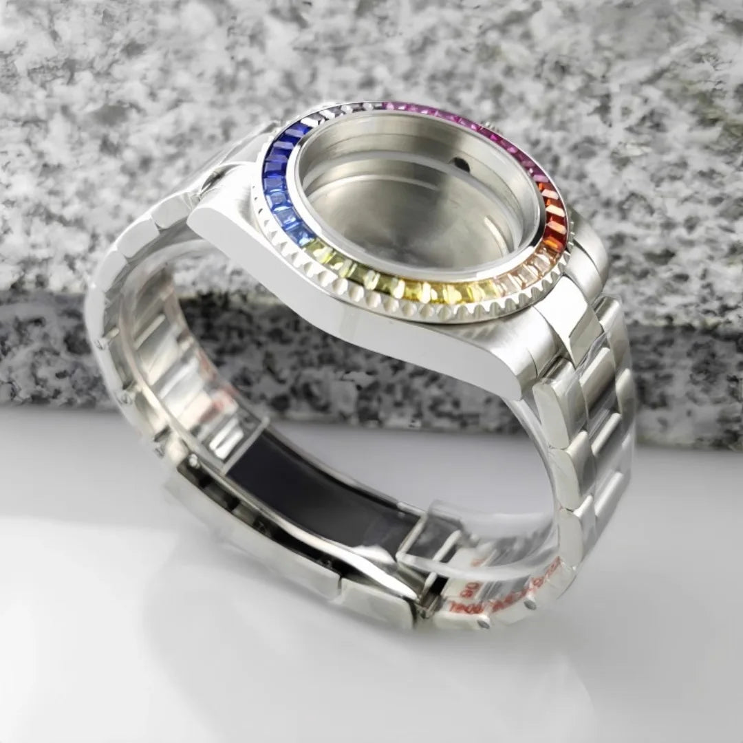 40.5mm Watch Case Strap Set SUB Diamond Studded Rainbow Bezel  for NH35 Movement