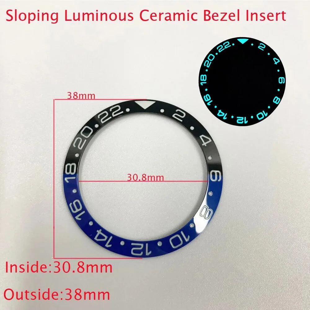 Sloping ceramic bezel insert 38x30.8mm for divers watches, super luminous, durable replacement part.