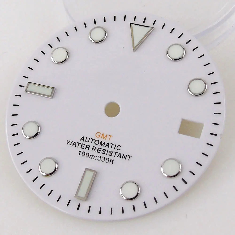 Nologo Sterile 29mm white NH34A watch dial for diver GMT mod, black edge markers, orange hands.