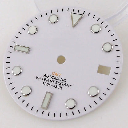 Nologo Sterile 29mm white NH34A watch dial for diver GMT mod, black edge markers, orange hands.