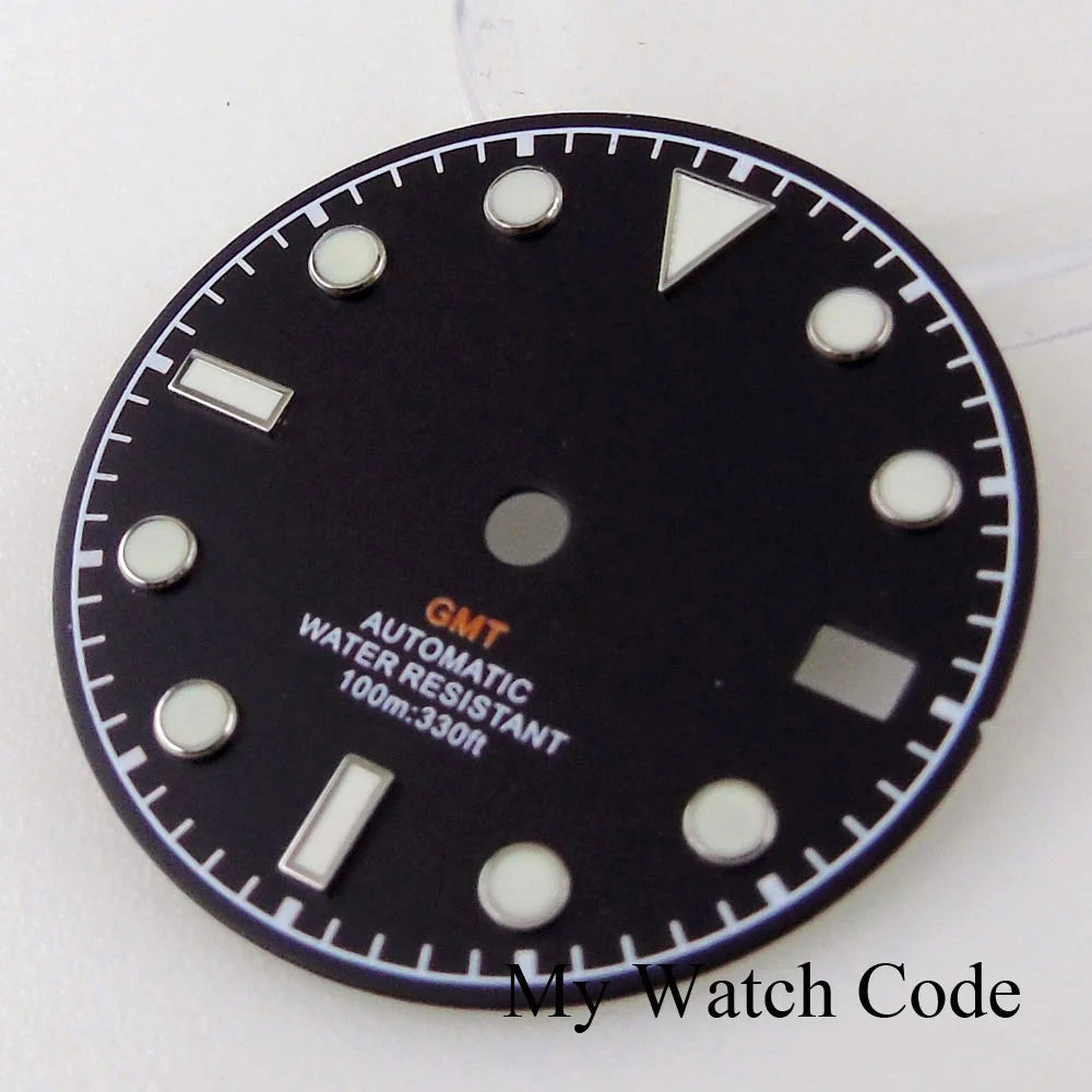 3/3.8 clock Nologo NH34 watch dial, 29mm white and blue steel plate with green luminous snowflake hand for GMT mod