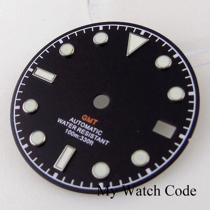 3/3.8 clock Nologo NH34 watch dial, 29mm white and blue steel plate with green luminous snowflake hand for GMT mod