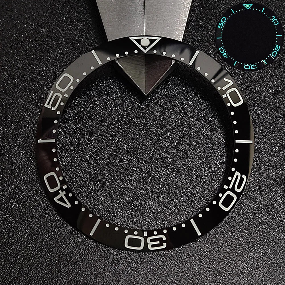 Sloping luminous ceramic bezel insert 39.3x31.7mm for watch accessories, durable replacement.