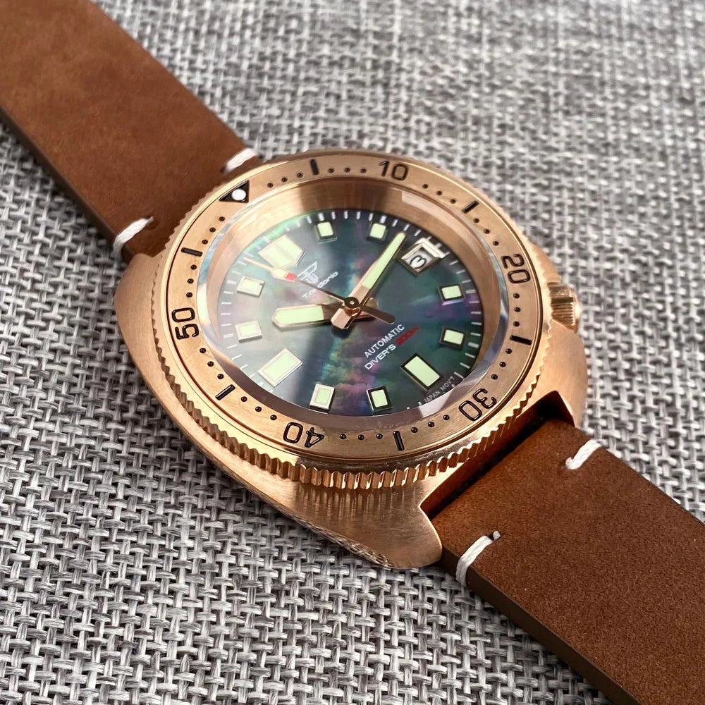 Bronze Watch Case With Green Lume Dial + Hands for NH35 Watch 20ATM Waterproof