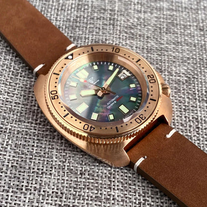 Bronze Watch Case With Green Lume Dial + Hands for NH35 Watch 20ATM Waterproof