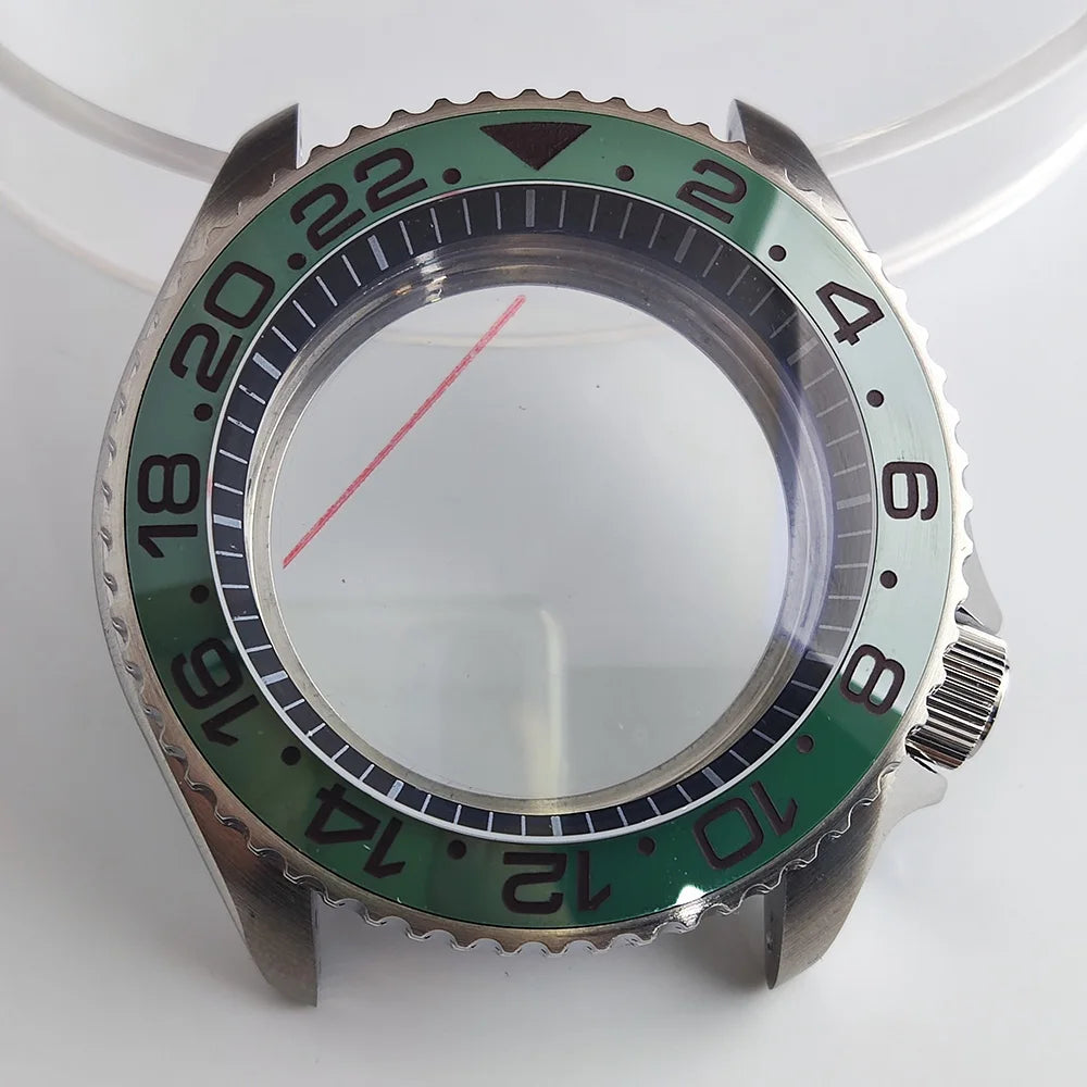 Black matte 41.5mm stainless steel watch case with ceramic bezel, sapphire glass, waterproof, fits NH35 NH36 movements by Case.