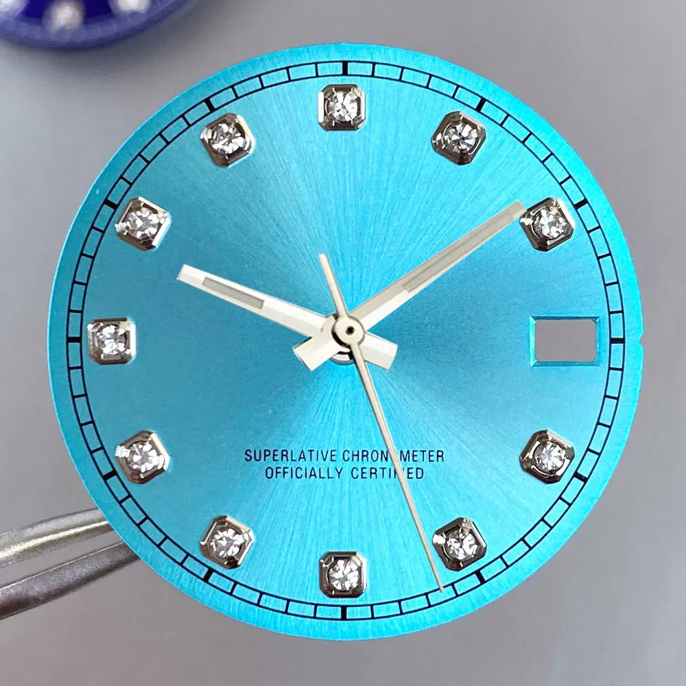 Mod Diamond Index 28.5mm watch dial in silver blue green, compatible with NH35A NH36A automatic movements.
