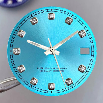 Mod Diamond Index 28.5mm watch dial in silver blue green, compatible with NH35A NH36A automatic movements.