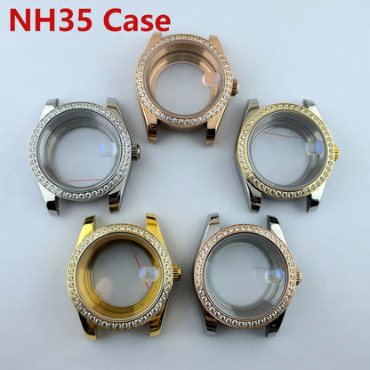 Diamond Decorated Steel Watch Case with Sapphire Glass Waterproof Fit NH35/NH36