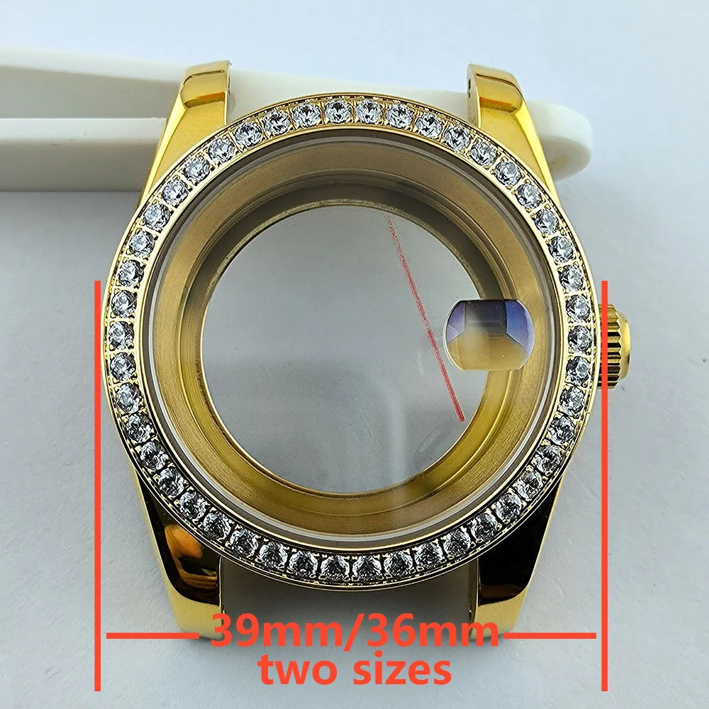 Diamond Decorated Steel Watch Case with Sapphire Glass Waterproof Fit NH35/NH36
