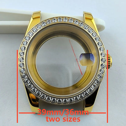 Diamond Decorated Steel Watch Case with Sapphire Glass Waterproof Fit NH35/NH36