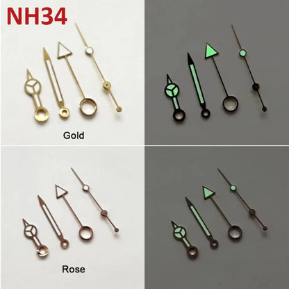 Rose/Gold Modified 4 Hands GMT Green Luminous Watch Hands for NH34 Movement