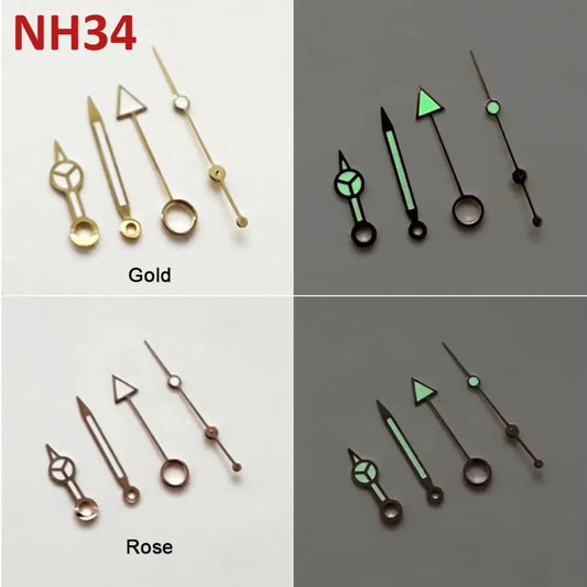 Rose/Gold Modified 4 Hands GMT Green Luminous Watch Hands for NH34 Movement