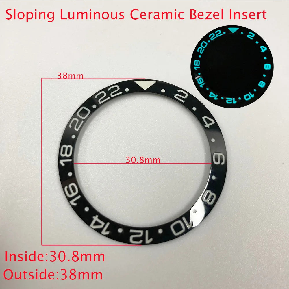 Sloping ceramic bezel insert 38x30.8mm for divers watches, super luminous, durable replacement part.