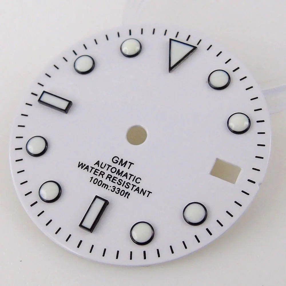 Nologo Sterile 29mm white NH34A watch dial for diver GMT mod, black edge markers, orange hands.