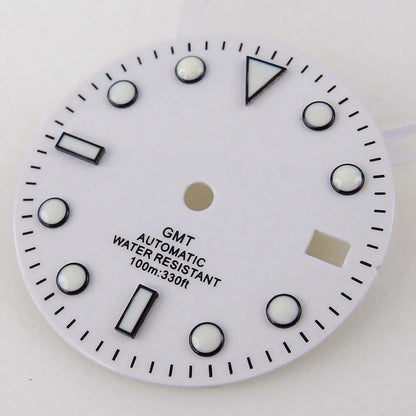 Nologo Sterile 29mm white NH34A watch dial for diver GMT mod, black edge markers, orange hands.