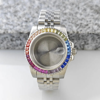 40.5mm Watch Case Strap Set SUB Diamond Studded Rainbow Bezel  for NH35 Movement