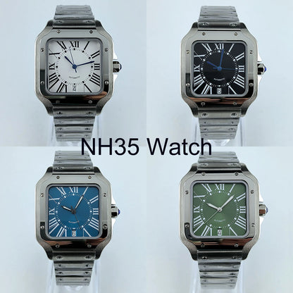 Square Roma Dial Watch Case Folding Buckle Square Case fit NH35 Movement