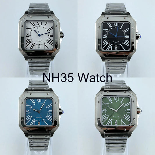Square Roma Dial Watch Case Folding Buckle Square Case fit NH35 Movement