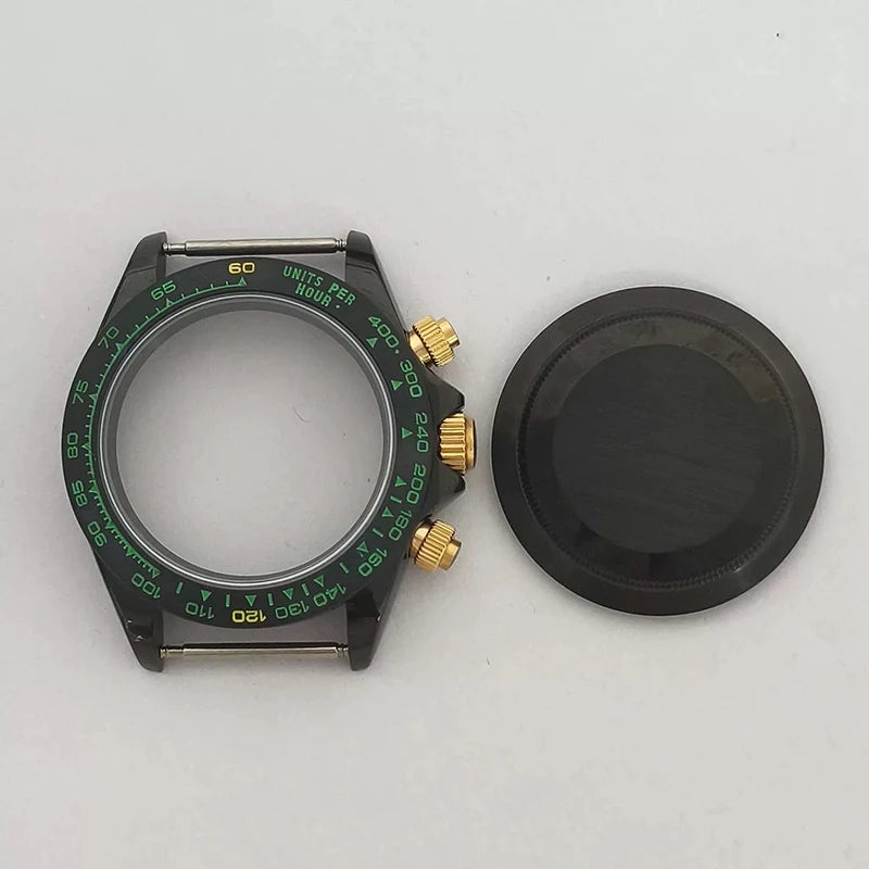 316L Steel 39mm VK63 Gold-Green Watch Case Sapphire Glass Ceramic Bezel Fit VK63