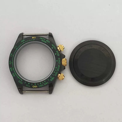 316L Steel 39mm VK63 Gold-Green Watch Case Sapphire Glass Ceramic Bezel Fit VK63