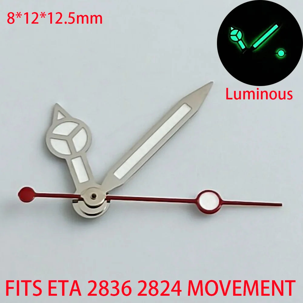 Blue-green luminous watch hands compatible with NH35, NH36, ETA 2836, 2824, Miyota 8205, 8215 movements.